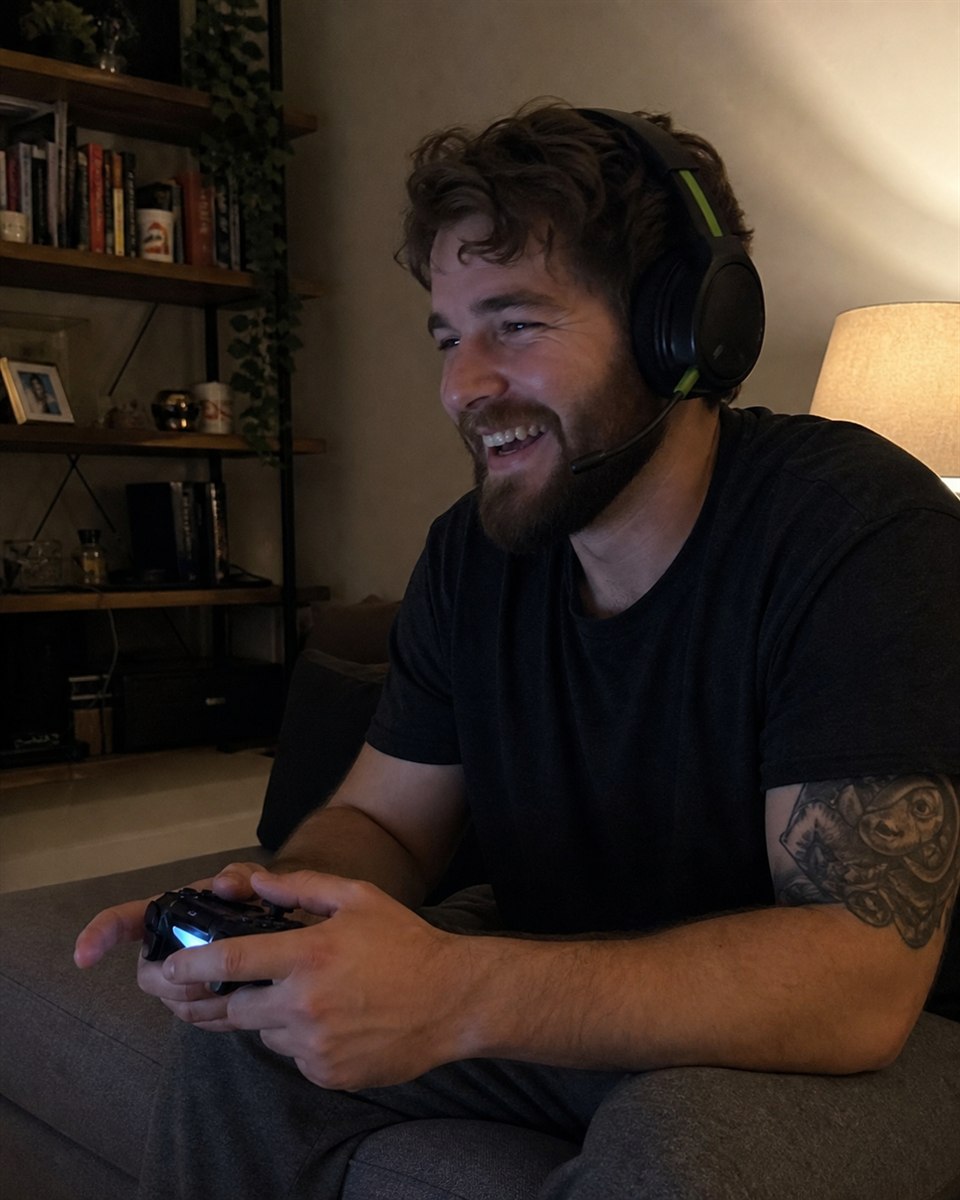 Gaming creator enjoying a relaxed session at home