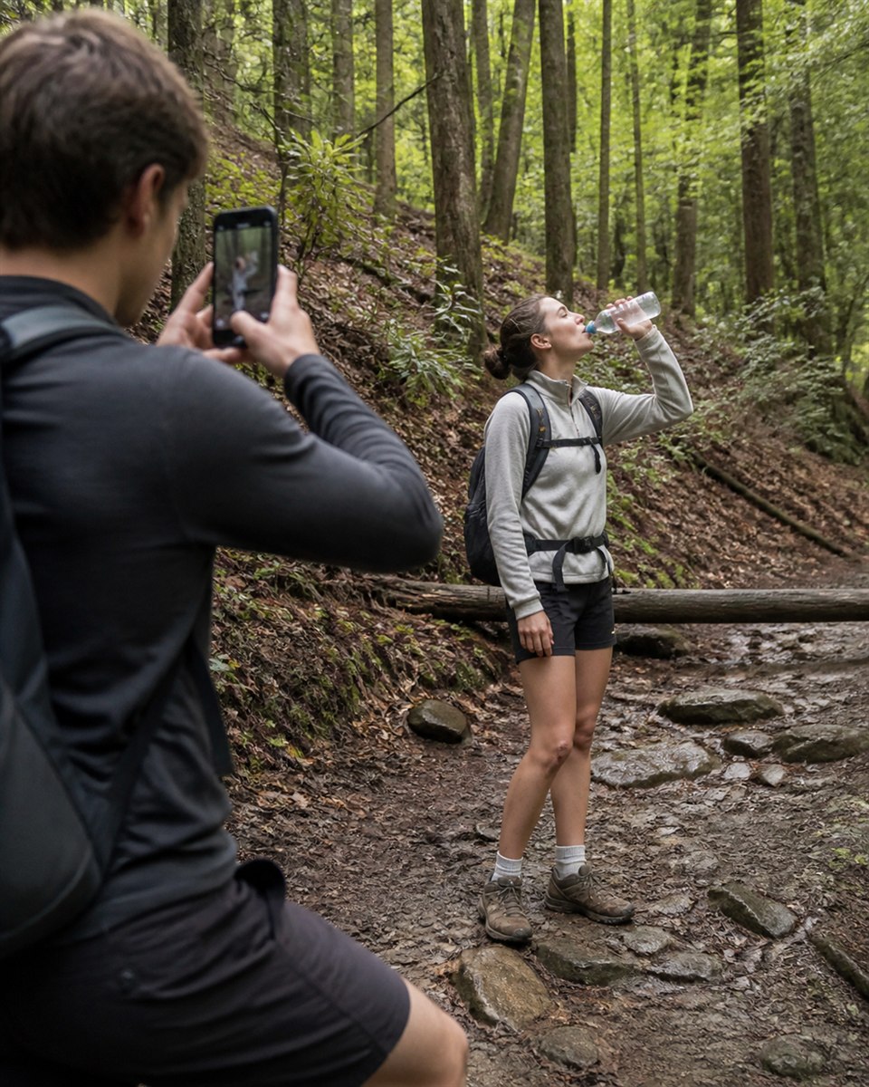 Outdoor creator pausing during a forest hike